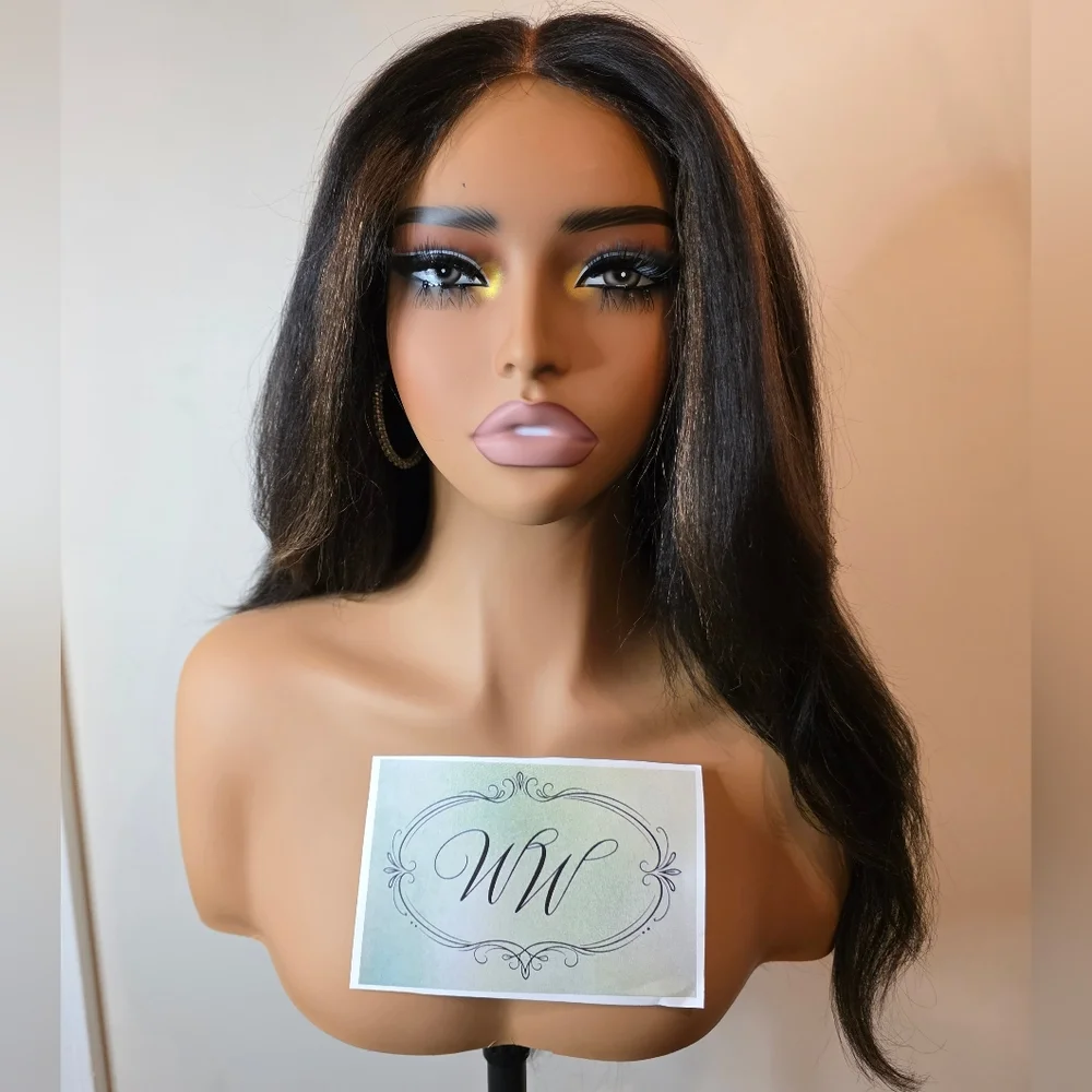 Natural Black Chestnut Highlight Yaki Straight Human Hair Wig - Picture 2 of 11